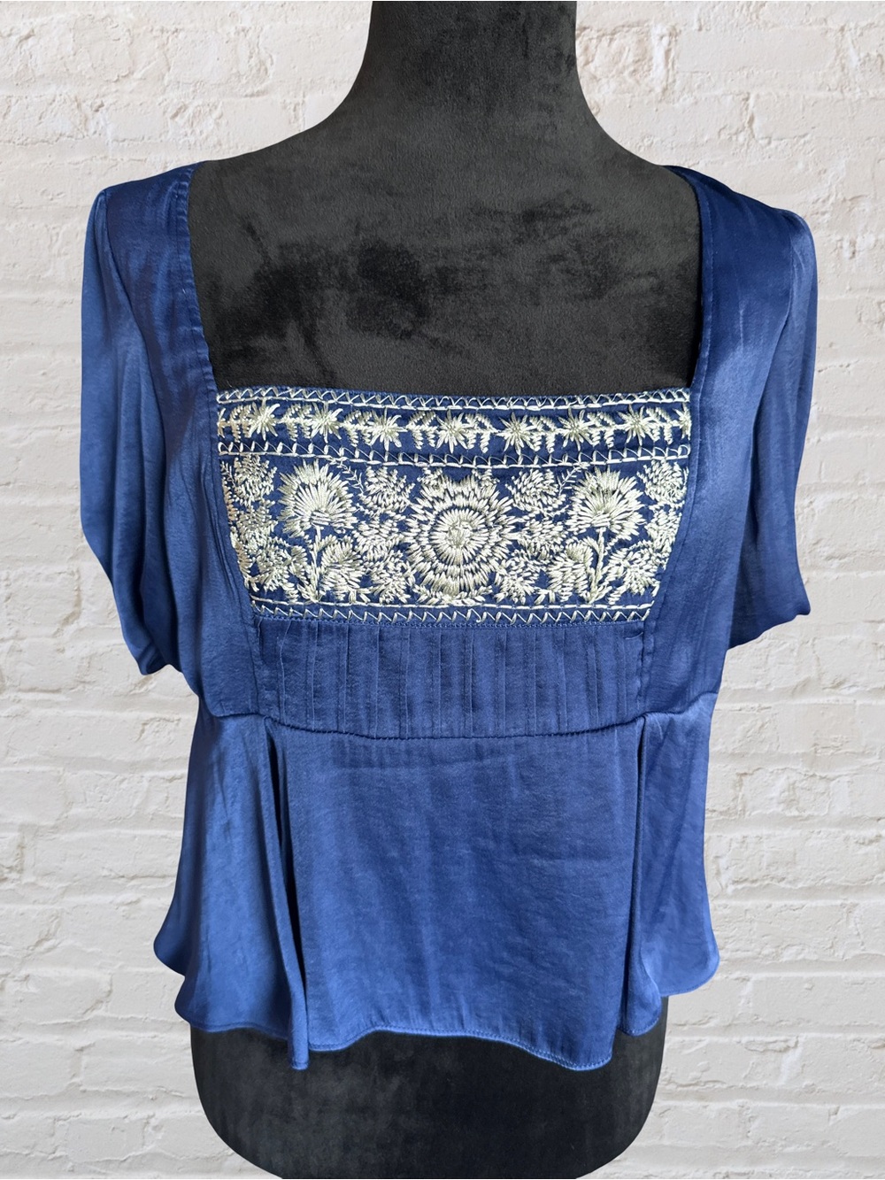 Free People Blue Satin Square-Neck Embroidered Top